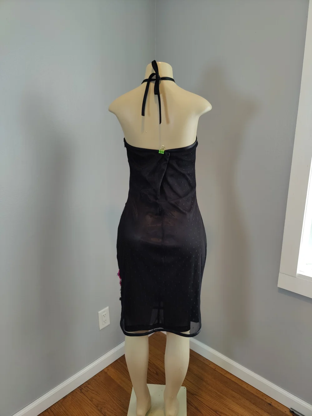Betsey Johnson Y2K Goth Black Halter Sheath Dress with Pink Floral Embroidery